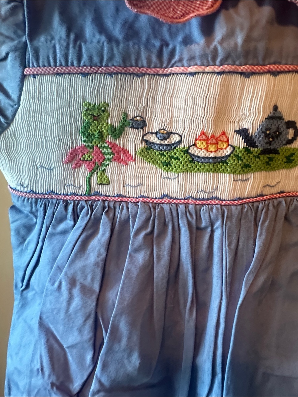 Beaux et Belles Smocked One Piece Kids Size 24M Blue NWT Frog Tea Party Gingham - Picture 5 of 7